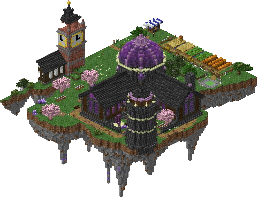 Isometrische Ansicht von Rathaus und Zauberfabrik im SkyBlock des 034-Netzwerks